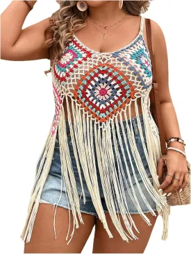 WDIRARA Women's Plus Size Floral Crochet Cami Top Boho Hollow Out Fringe Sleeveless Cover Up Tops