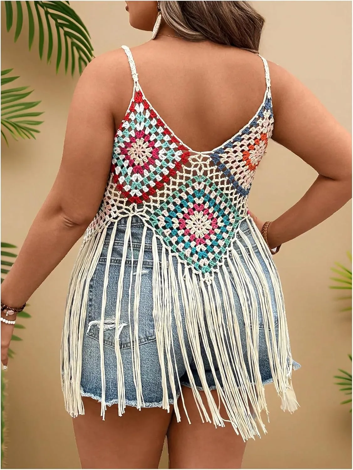 WDIRARA Women's Plus Size Floral Crochet Cami Top Boho Hollow Out Fringe Sleeveless Cover Up Tops