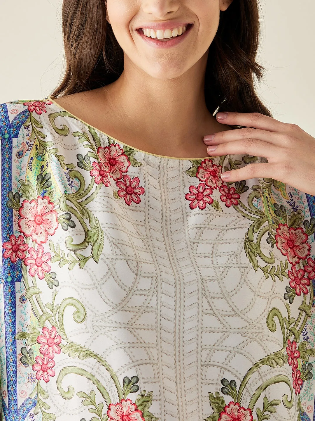 White Mosaic Floral Printed Satin Nightdress  - The Kaftan Company