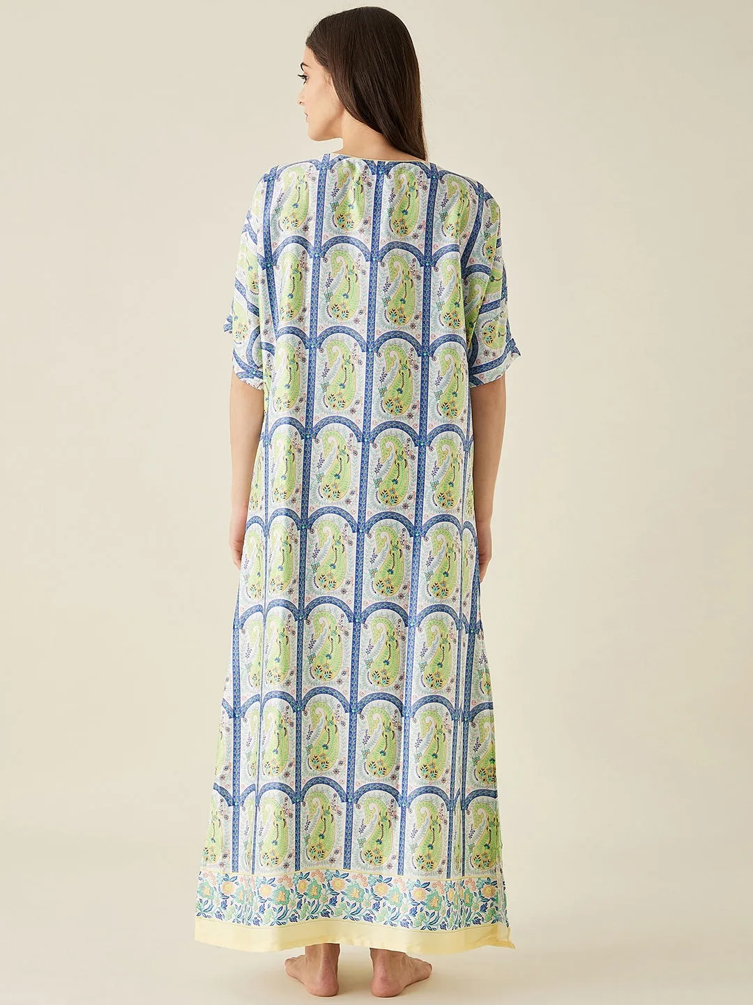 White Mosaic Floral Printed Satin Nightdress  - The Kaftan Company