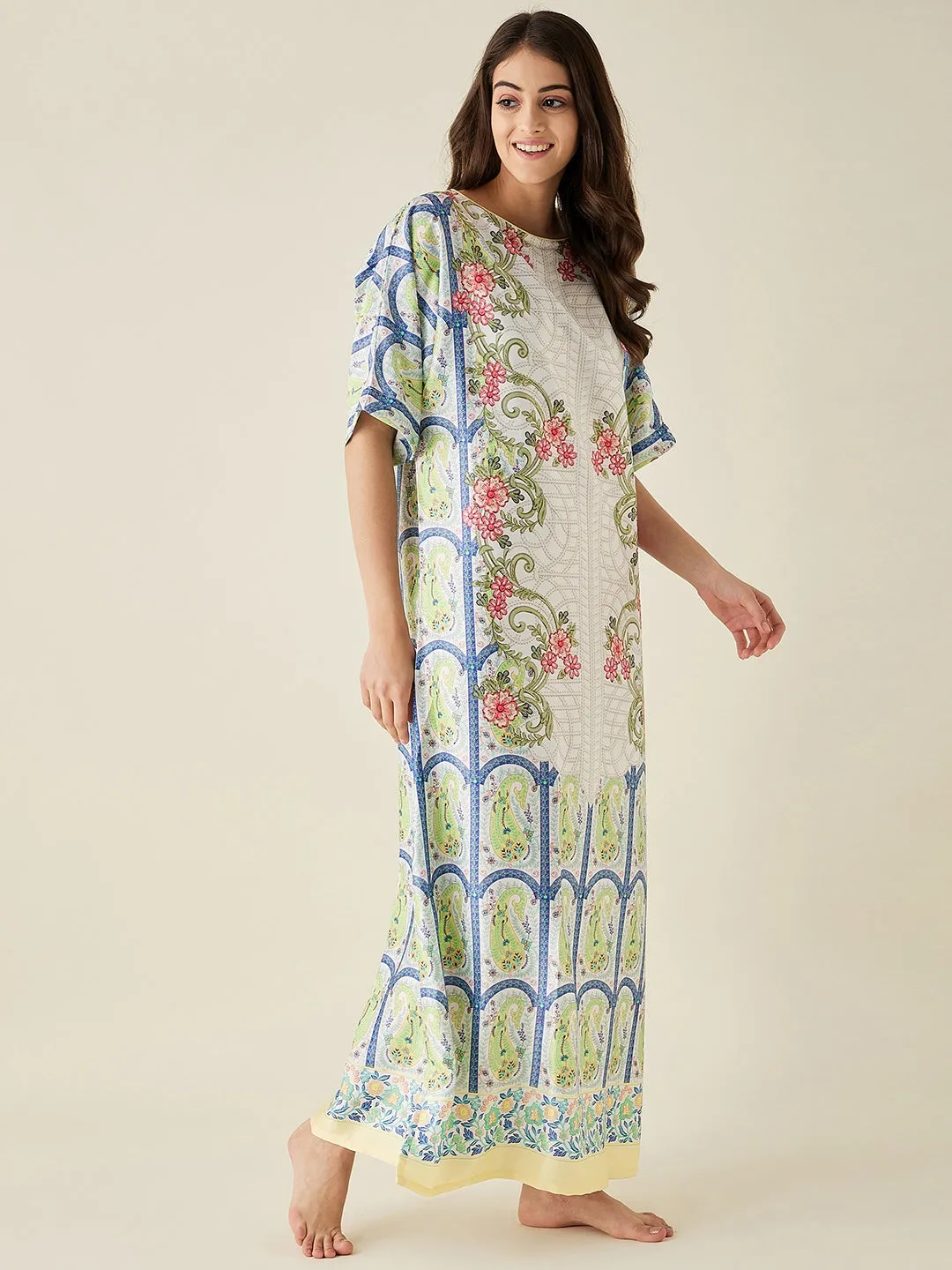 White Mosaic Floral Printed Satin Nightdress  - The Kaftan Company