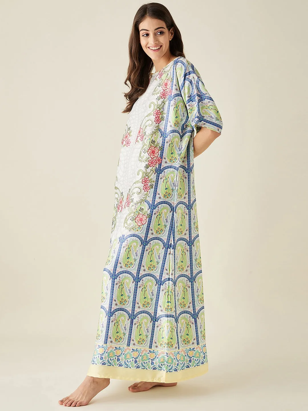 White Mosaic Floral Printed Satin Nightdress  - The Kaftan Company