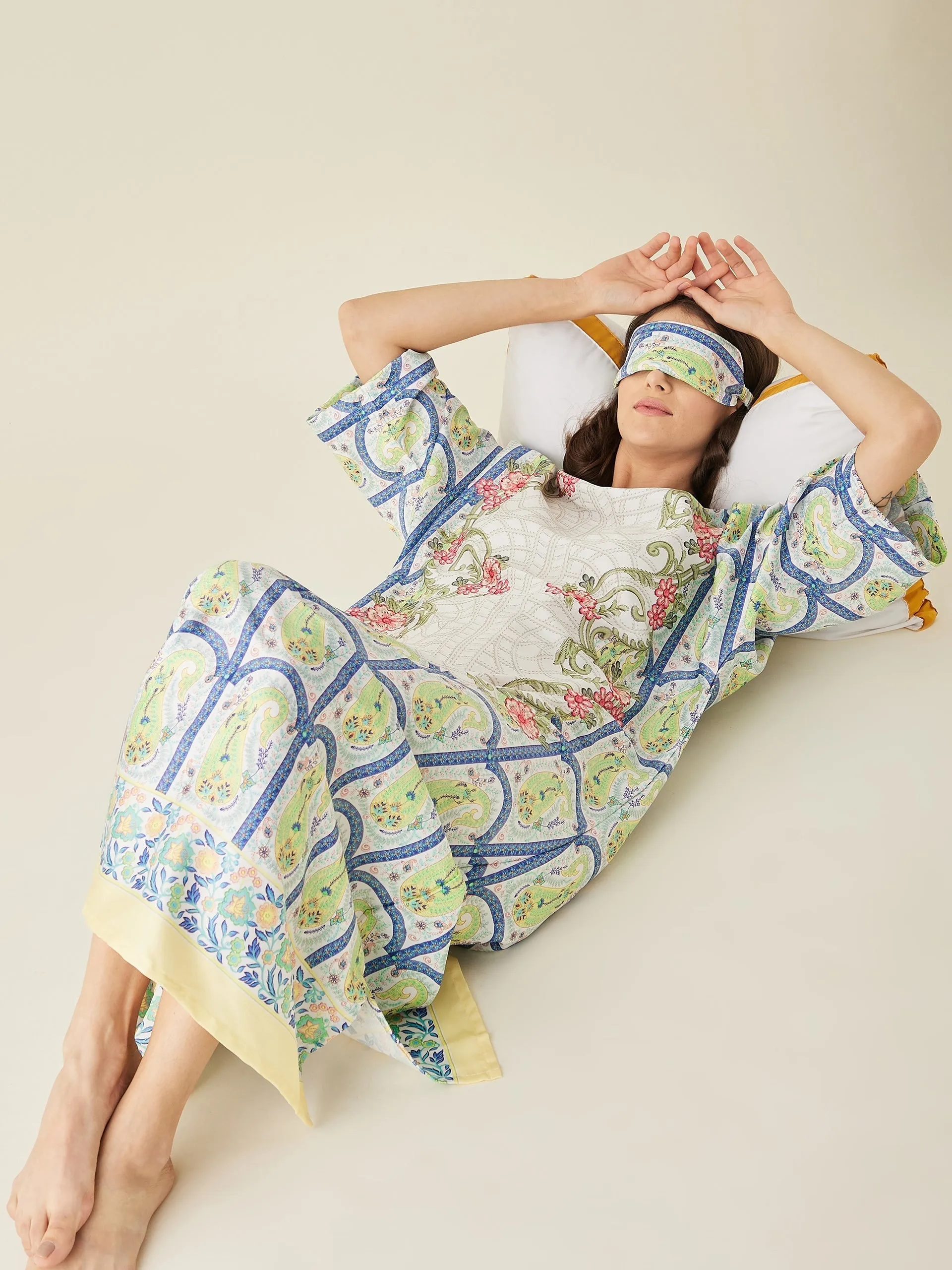 White Mosaic Floral Printed Satin Nightdress  - The Kaftan Company