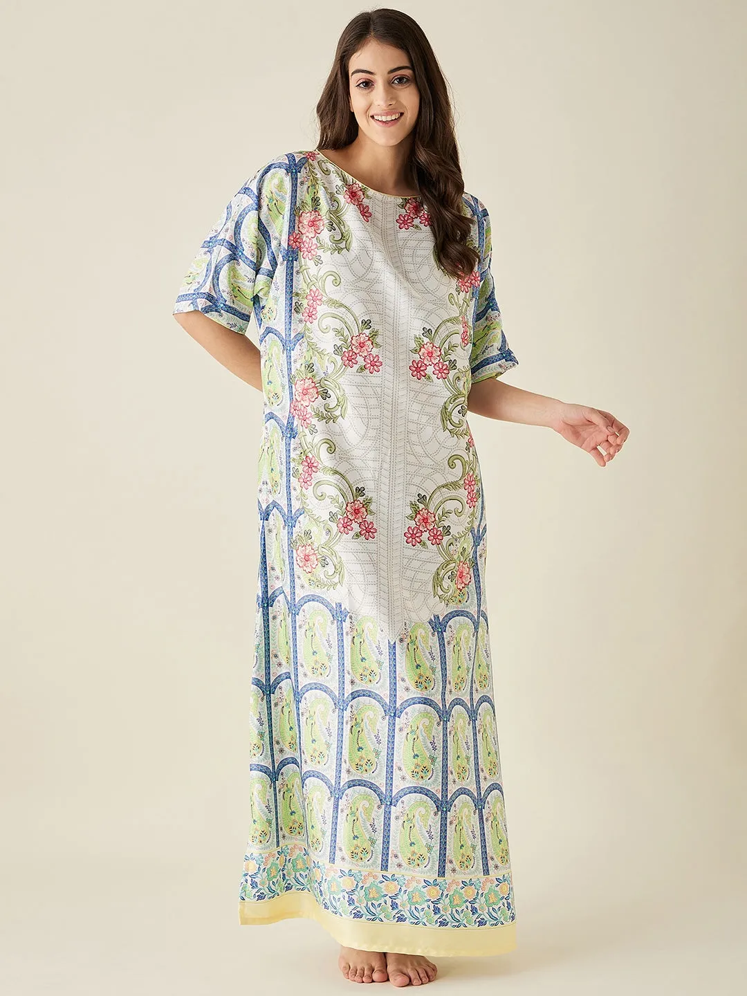 White Mosaic Floral Printed Satin Nightdress  - The Kaftan Company