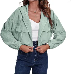Women Cropped Shacket Corduroy Hooded Jacket Casual Long Sleeve Button Down Hoodies Soft Comfy Tops Y2K Outfits