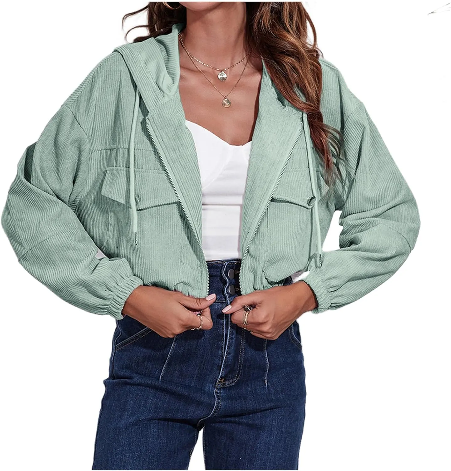 Women Cropped Shacket Corduroy Hooded Jacket Casual Long Sleeve Button Down Hoodies Soft Comfy Tops Y2K Outfits