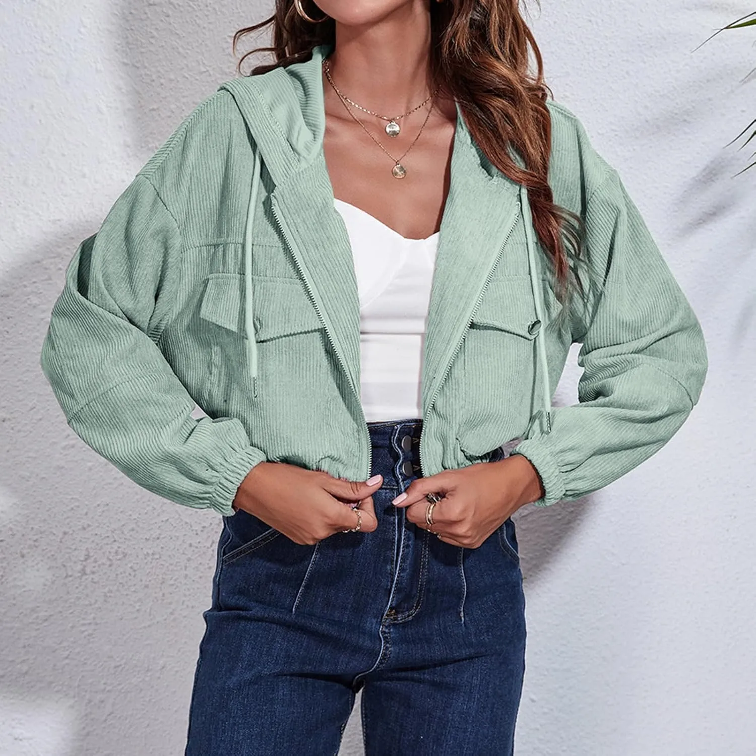 Women Cropped Shacket Corduroy Hooded Jacket Casual Long Sleeve Button Down Hoodies Soft Comfy Tops Y2K Outfits