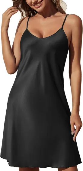 Women Satin Nightgown Silk Nightdress V Neck Lingerie Sleepwear Adjustable Spaghetti Strap Short Negligee Chemise