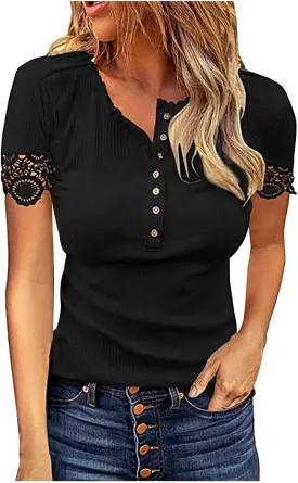 Women's Blouse Casual Buttons Short Sleeve Round Neck Fashion Summer Solid Color Lace Womens Mock Neck Tops Long