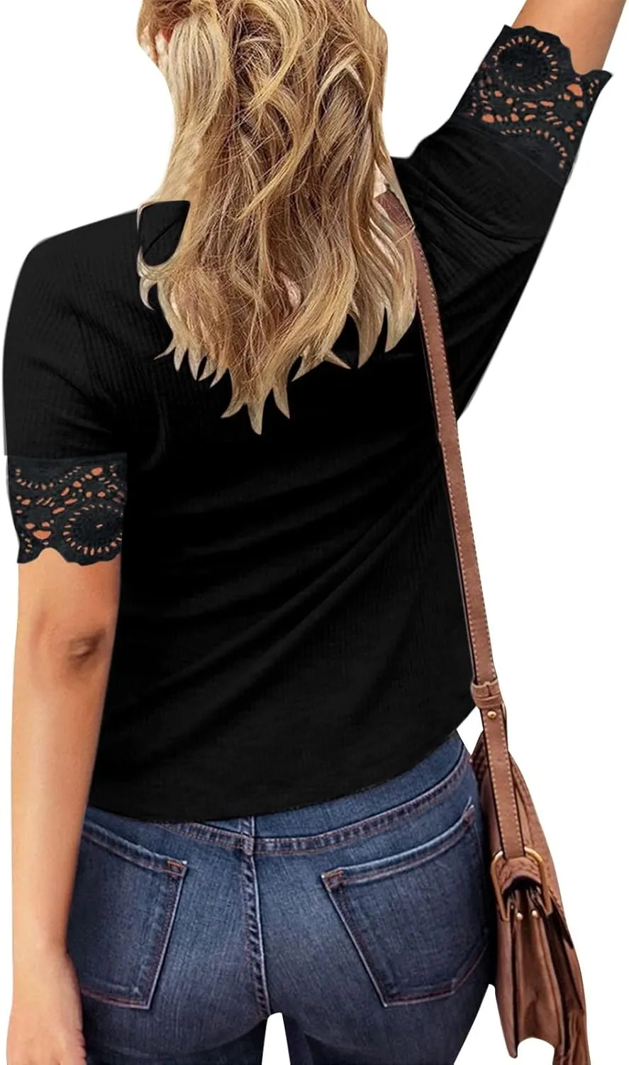 Women's Blouse Casual Buttons Short Sleeve Round Neck Fashion Summer Solid Color Lace Womens Mock Neck Tops Long