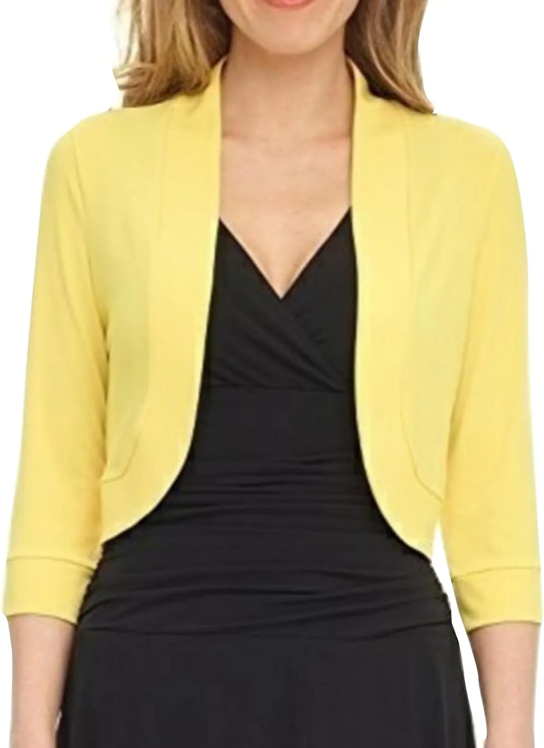 Women's Cropped Blazer Casual Business 3/4 Sleeve Collarless Open Front Cardigans Work Jacket Short Shrug for Dresses