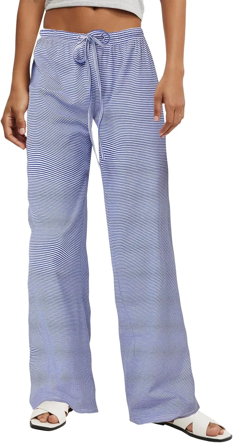 Women's Drawstring Pajama Pants Striped Casual Palazzo Wide Leg Lounge Pants Comfy Sleepwear Trousers