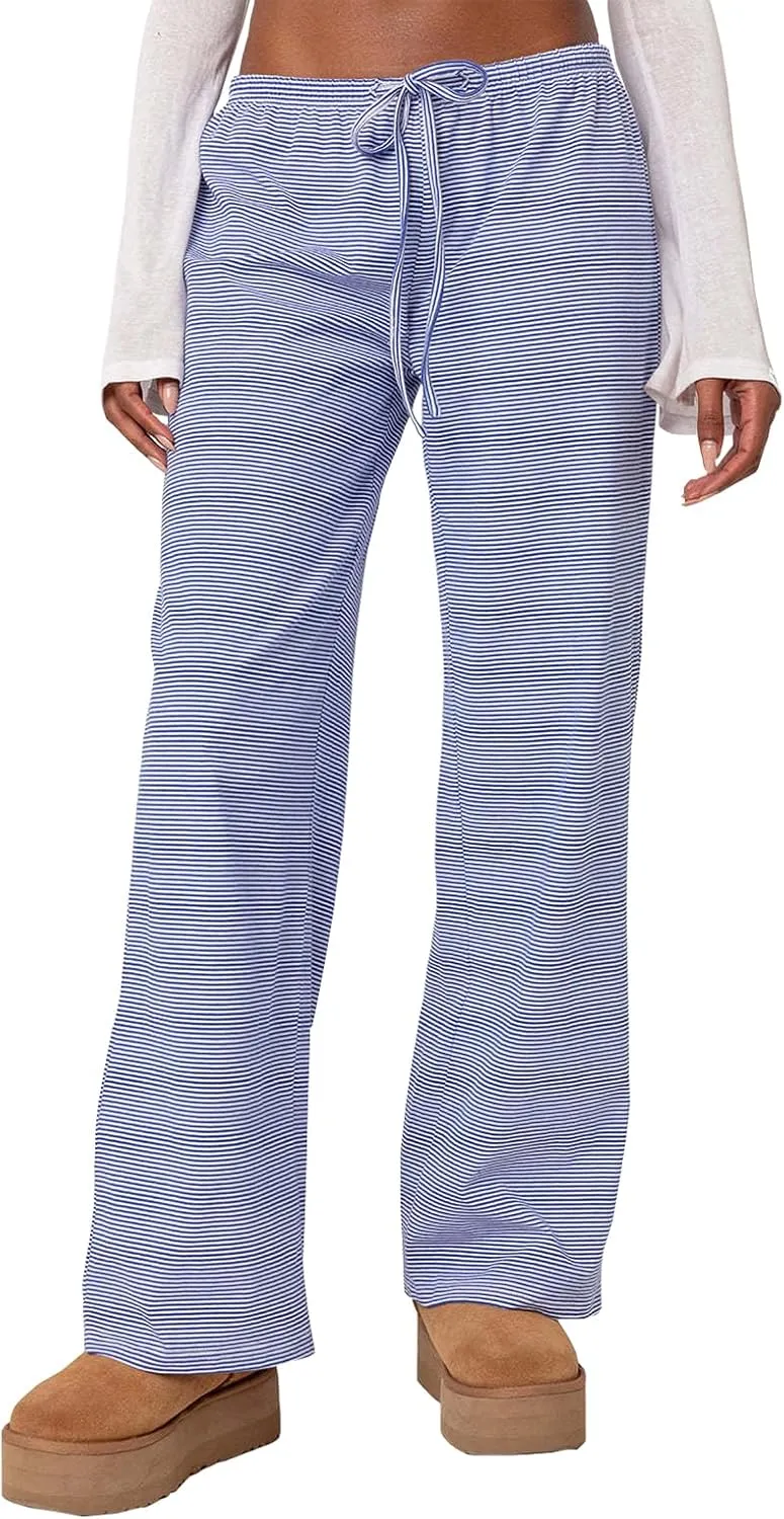 Women's Drawstring Pajama Pants Striped Casual Palazzo Wide Leg Lounge Pants Comfy Sleepwear Trousers