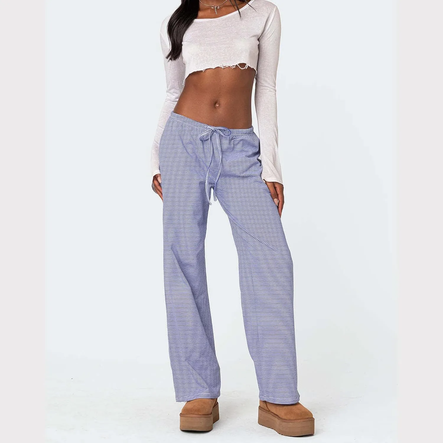 Women's Drawstring Pajama Pants Striped Casual Palazzo Wide Leg Lounge Pants Comfy Sleepwear Trousers
