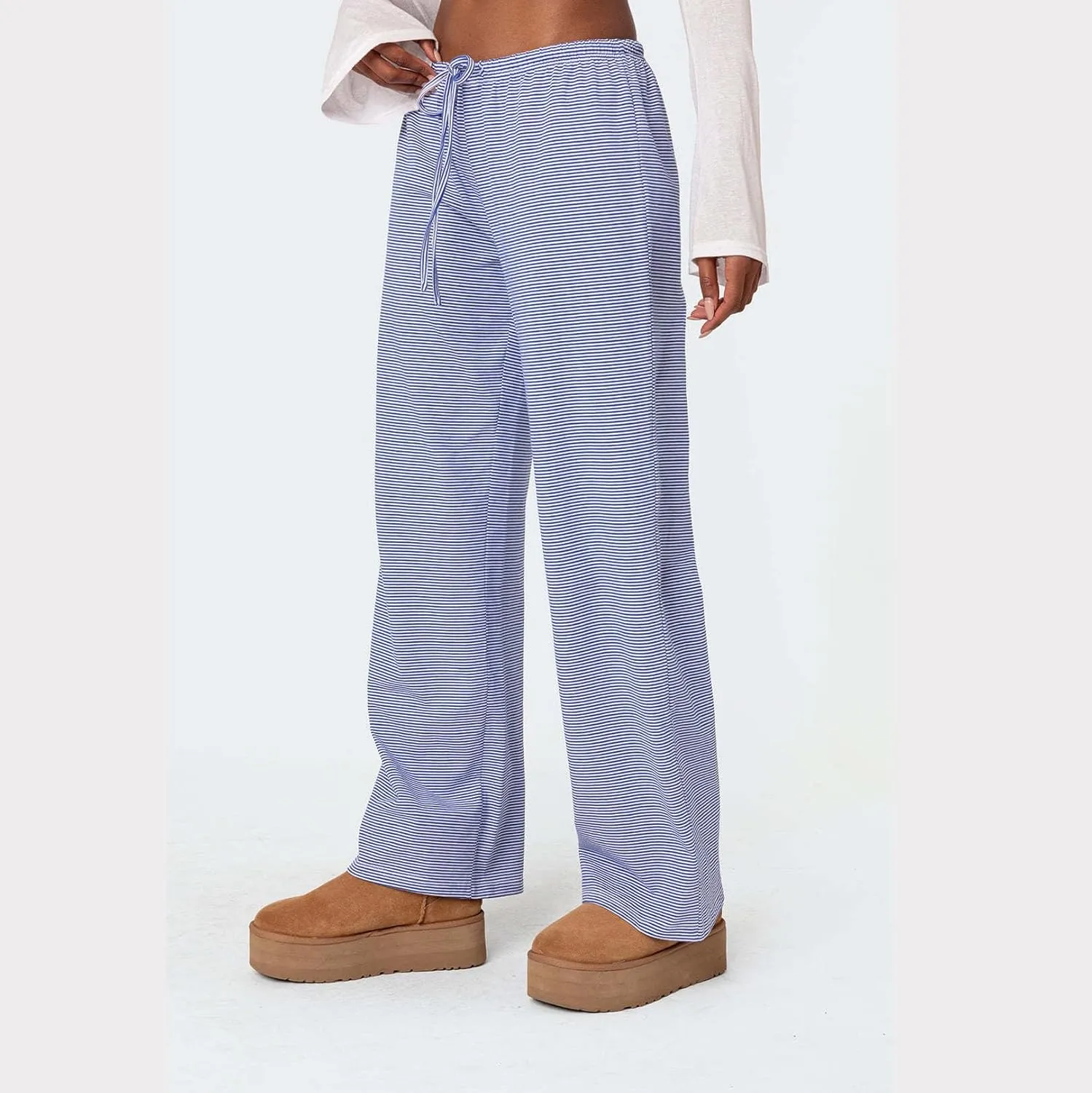 Women's Drawstring Pajama Pants Striped Casual Palazzo Wide Leg Lounge Pants Comfy Sleepwear Trousers