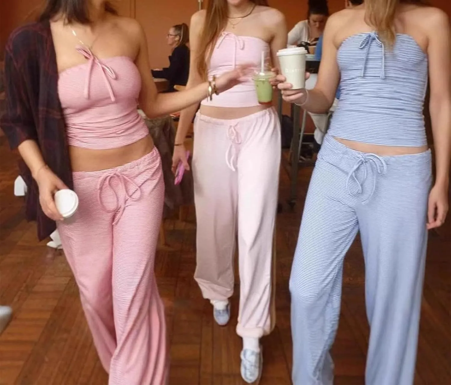 Women's Drawstring Pajama Pants Striped Casual Palazzo Wide Leg Lounge Pants Comfy Sleepwear Trousers