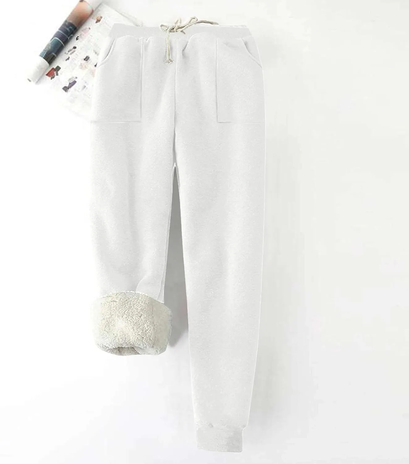 Women's Fleece Sherpa Lined Sweatpants Winter Thermal Soft Tapered Pants Basic Solid Elastic Waist Drawstring Pants