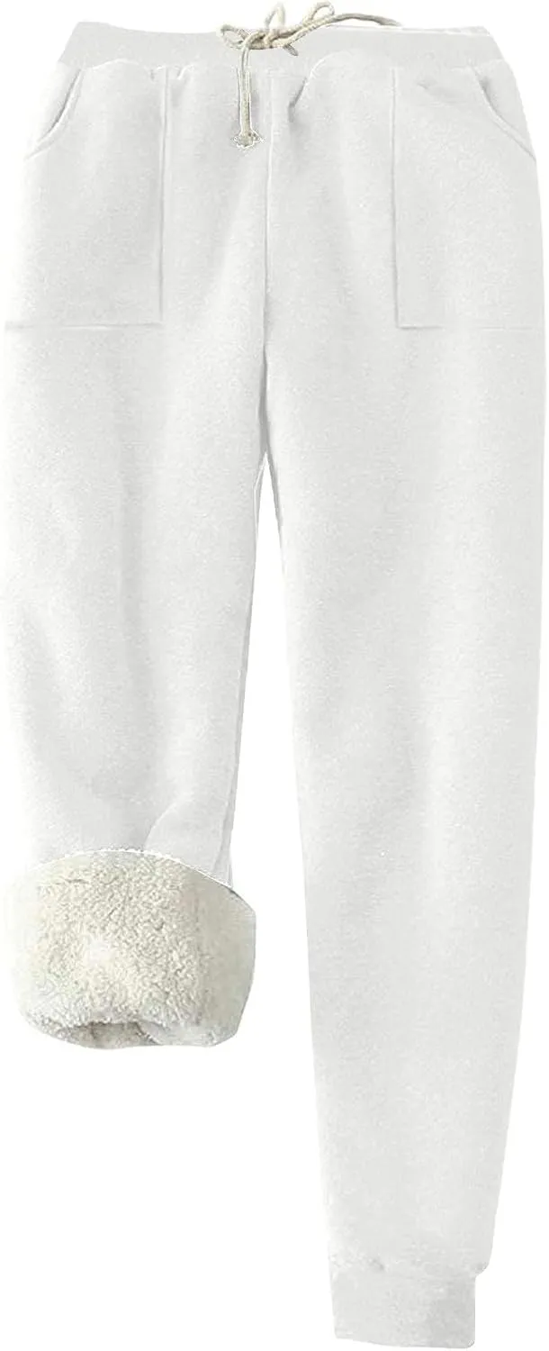 Women's Fleece Sherpa Lined Sweatpants Winter Thermal Soft Tapered Pants Basic Solid Elastic Waist Drawstring Pants