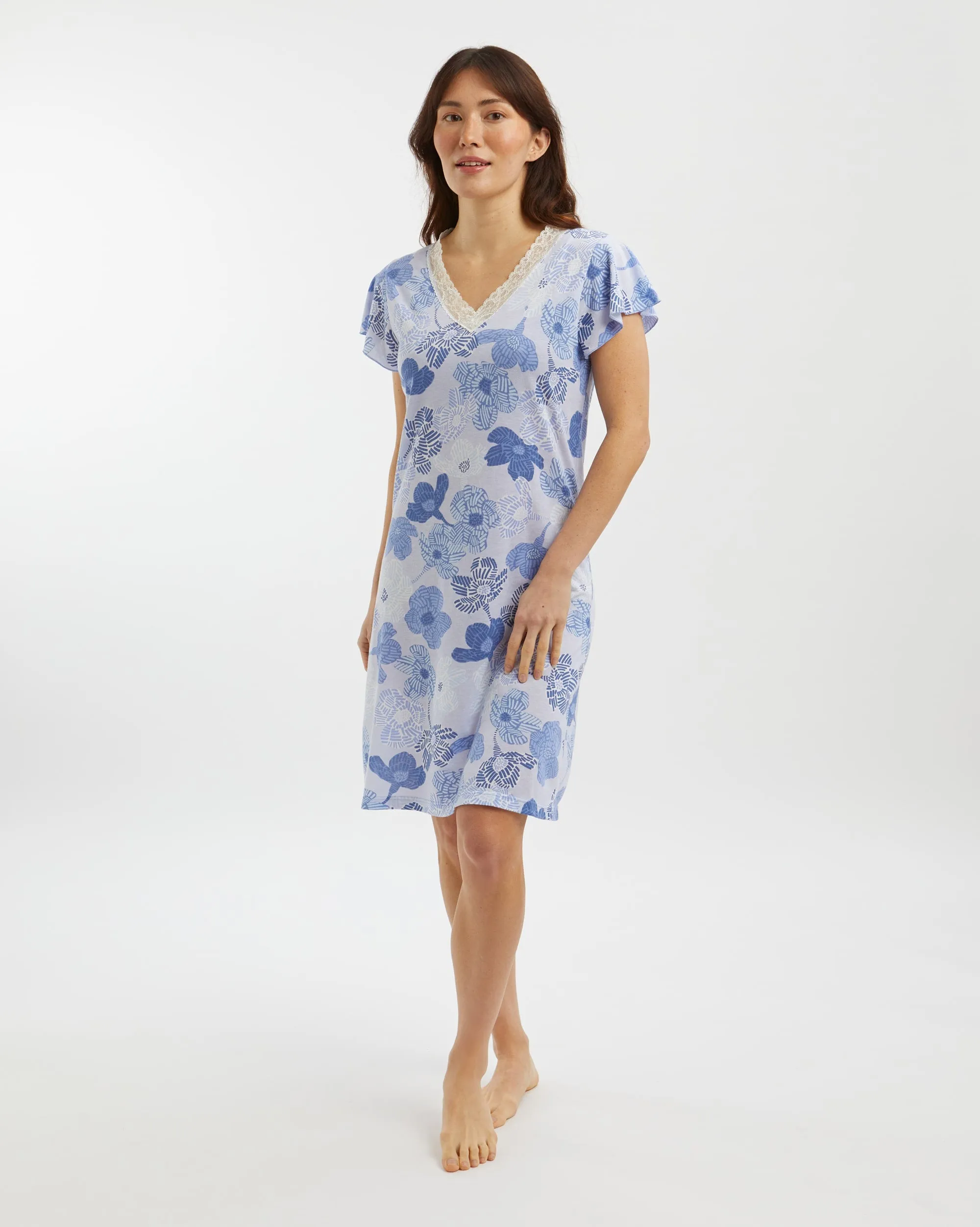 Women's Jersey Ella Short Nightdress - Rosa Floral Blue