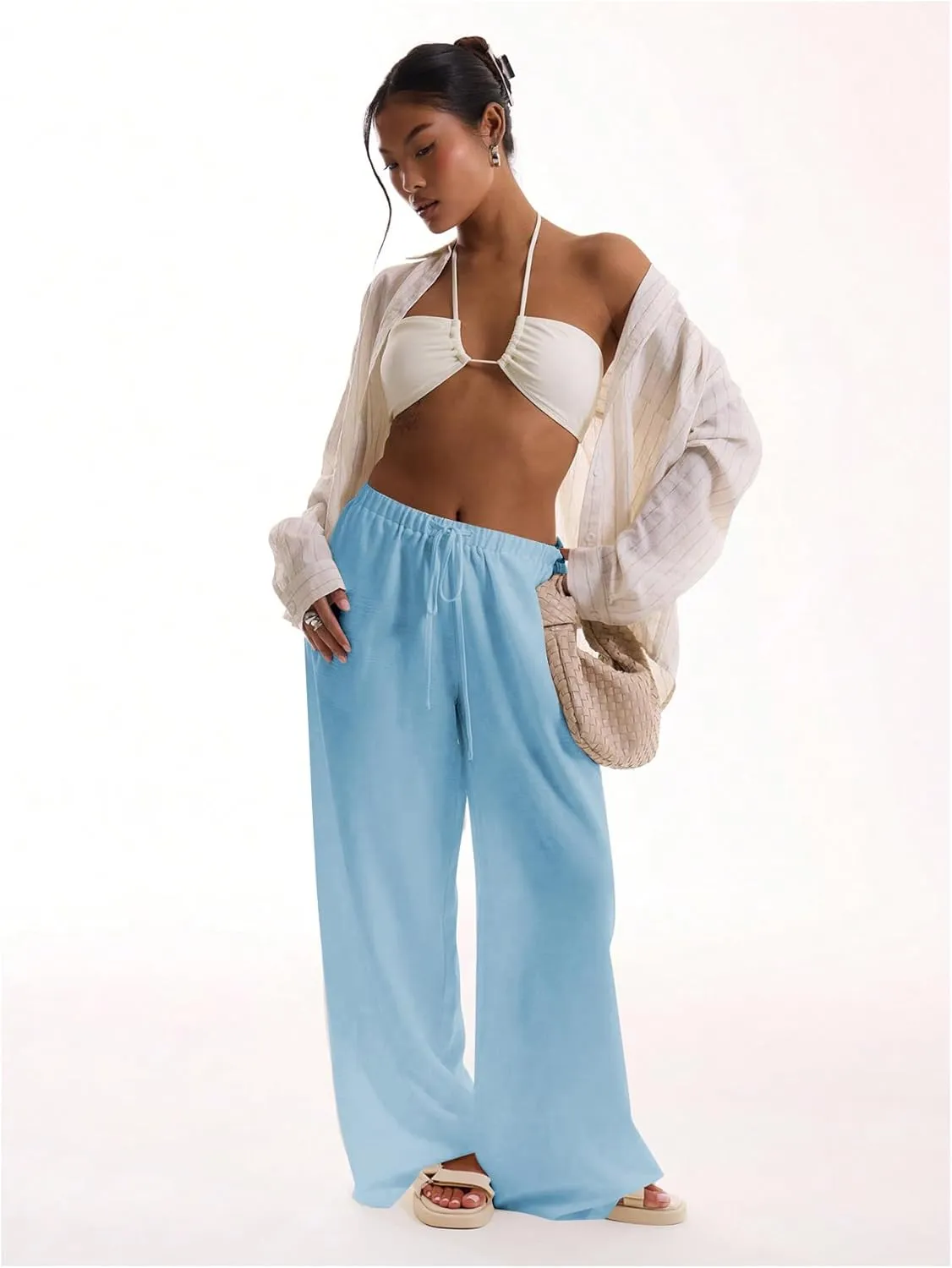 Womens Linen Pants Wide Leg Loose Cotton Swimsuit Coverups Summer Pants Beach Vacation Outfits