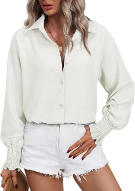 Women's Striped Button Down Shirts Long Sleeve Smocked Cuffed Oversized Boyfriend Blouses Collared Work No Pockets Tops1