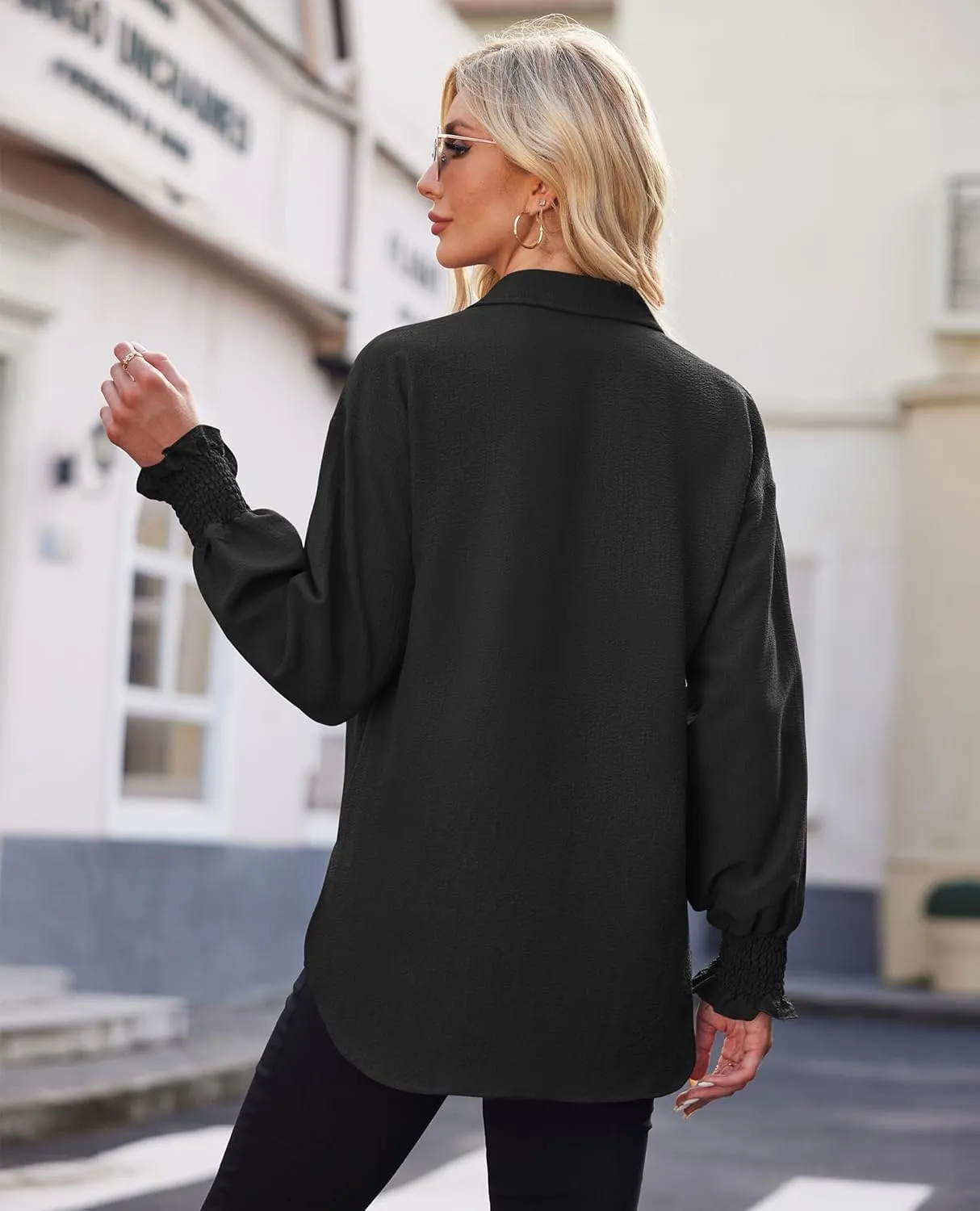 Women's Striped Button Down Shirts Long Sleeve Smocked Cuffed Oversized Boyfriend Blouses Collared Work No Pockets Tops1