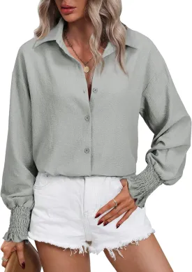 Women's Striped Button Down Shirts Long Sleeve Smocked Cuffed Oversized Boyfriend Blouses Collared Work No Pockets Tops1