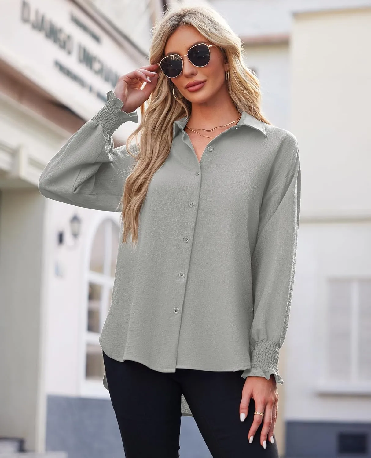 Women's Striped Button Down Shirts Long Sleeve Smocked Cuffed Oversized Boyfriend Blouses Collared Work No Pockets Tops1