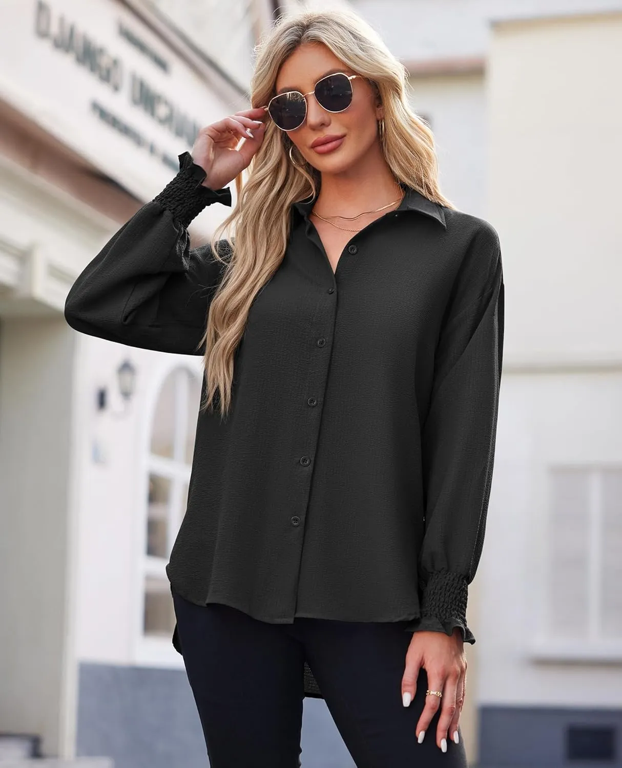 Women's Striped Button Down Shirts Long Sleeve Smocked Cuffed Oversized Boyfriend Blouses Collared Work No Pockets Tops1