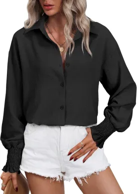 Women's Striped Button Down Shirts Long Sleeve Smocked Cuffed Oversized Boyfriend Blouses Collared Work No Pockets Tops1