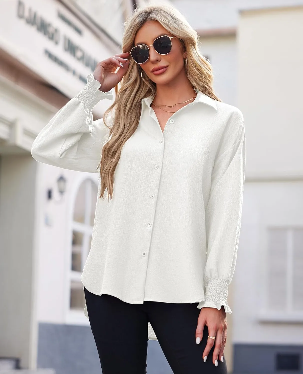 Women's Striped Button Down Shirts Long Sleeve Smocked Cuffed Oversized Boyfriend Blouses Collared Work No Pockets Tops1