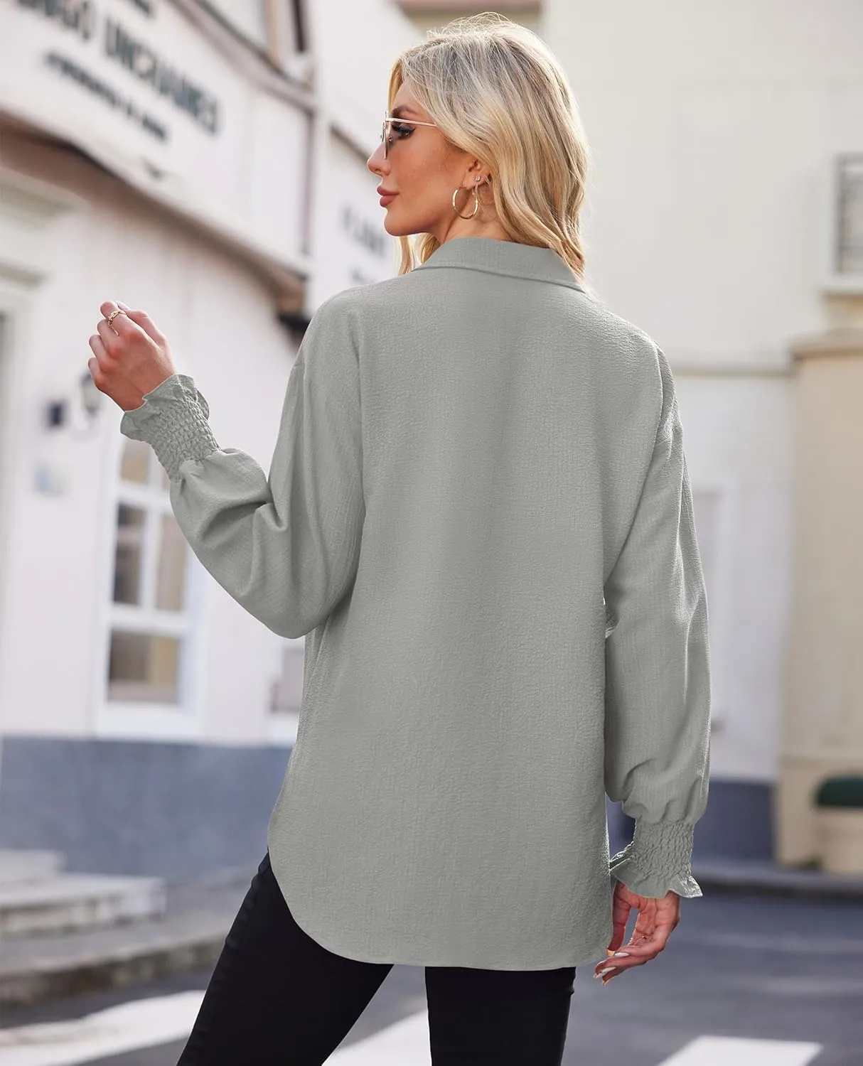 Women's Striped Button Down Shirts Long Sleeve Smocked Cuffed Oversized Boyfriend Blouses Collared Work No Pockets Tops1