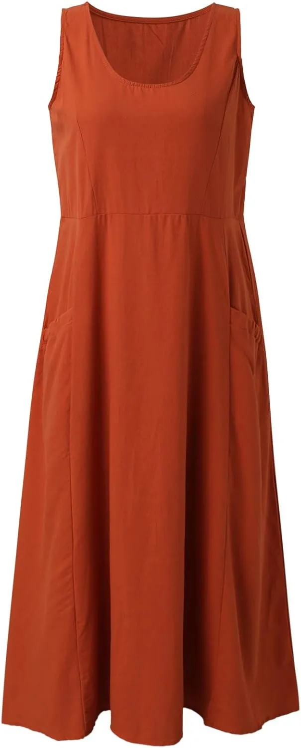 Womens Summer Casual Cotton Linen Maxi Dress Sleeveless V Neck Outfit Sundresses Pocket Beach
