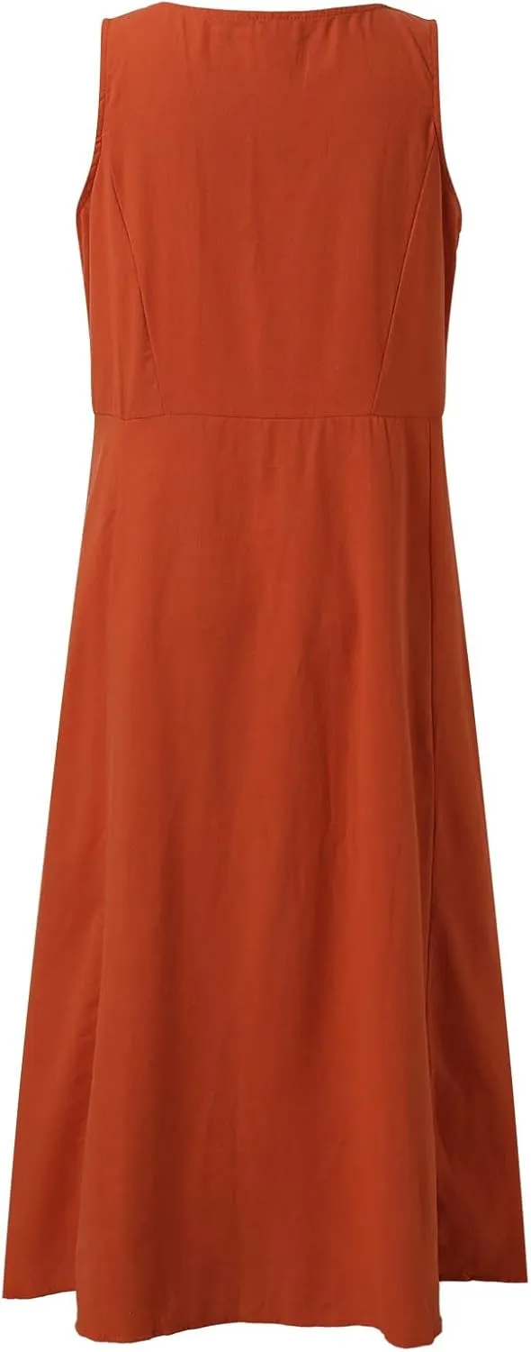 Womens Summer Casual Cotton Linen Maxi Dress Sleeveless V Neck Outfit Sundresses Pocket Beach