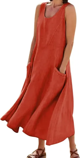 Womens Summer Casual Cotton Linen Maxi Dress Sleeveless V Neck Outfit Sundresses Pocket Beach