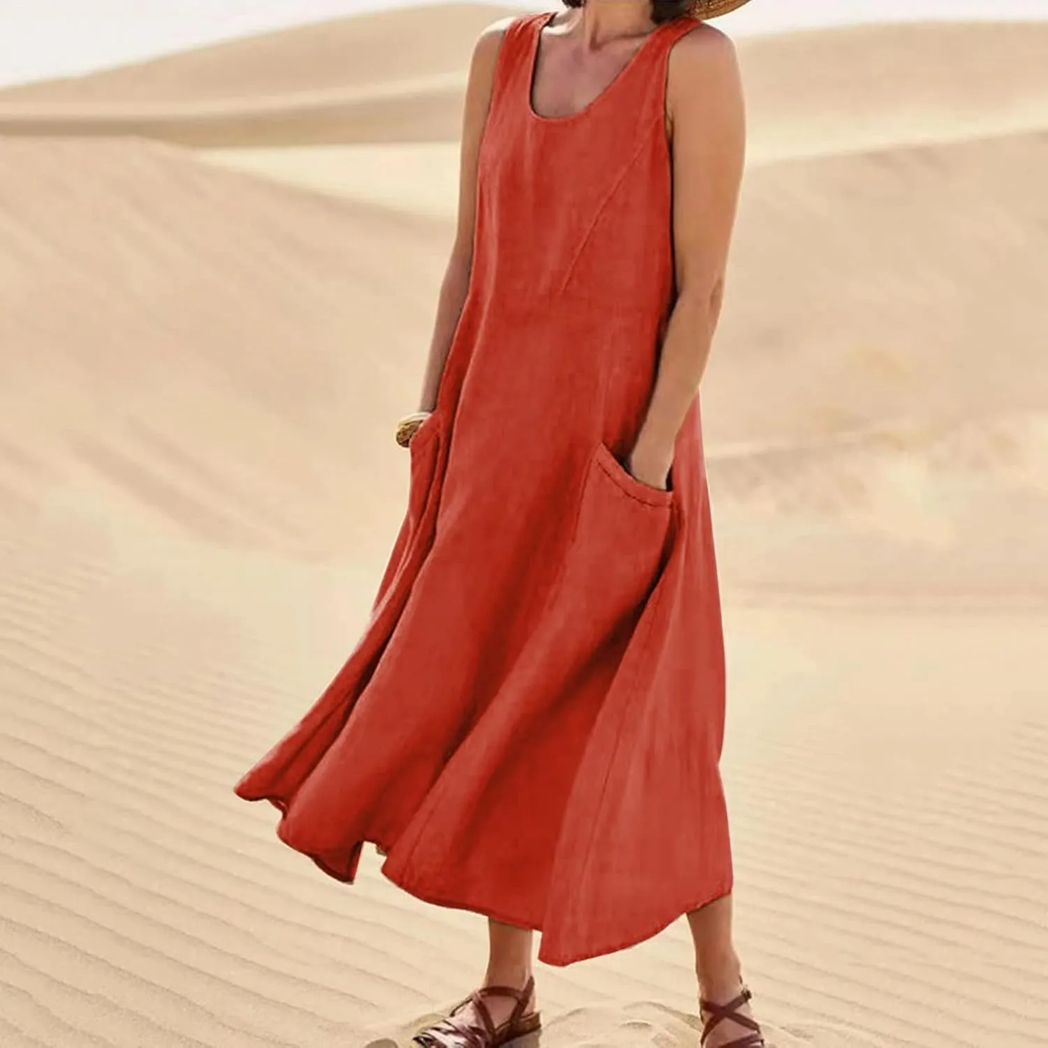 Womens Summer Casual Cotton Linen Maxi Dress Sleeveless V Neck Outfit Sundresses Pocket Beach