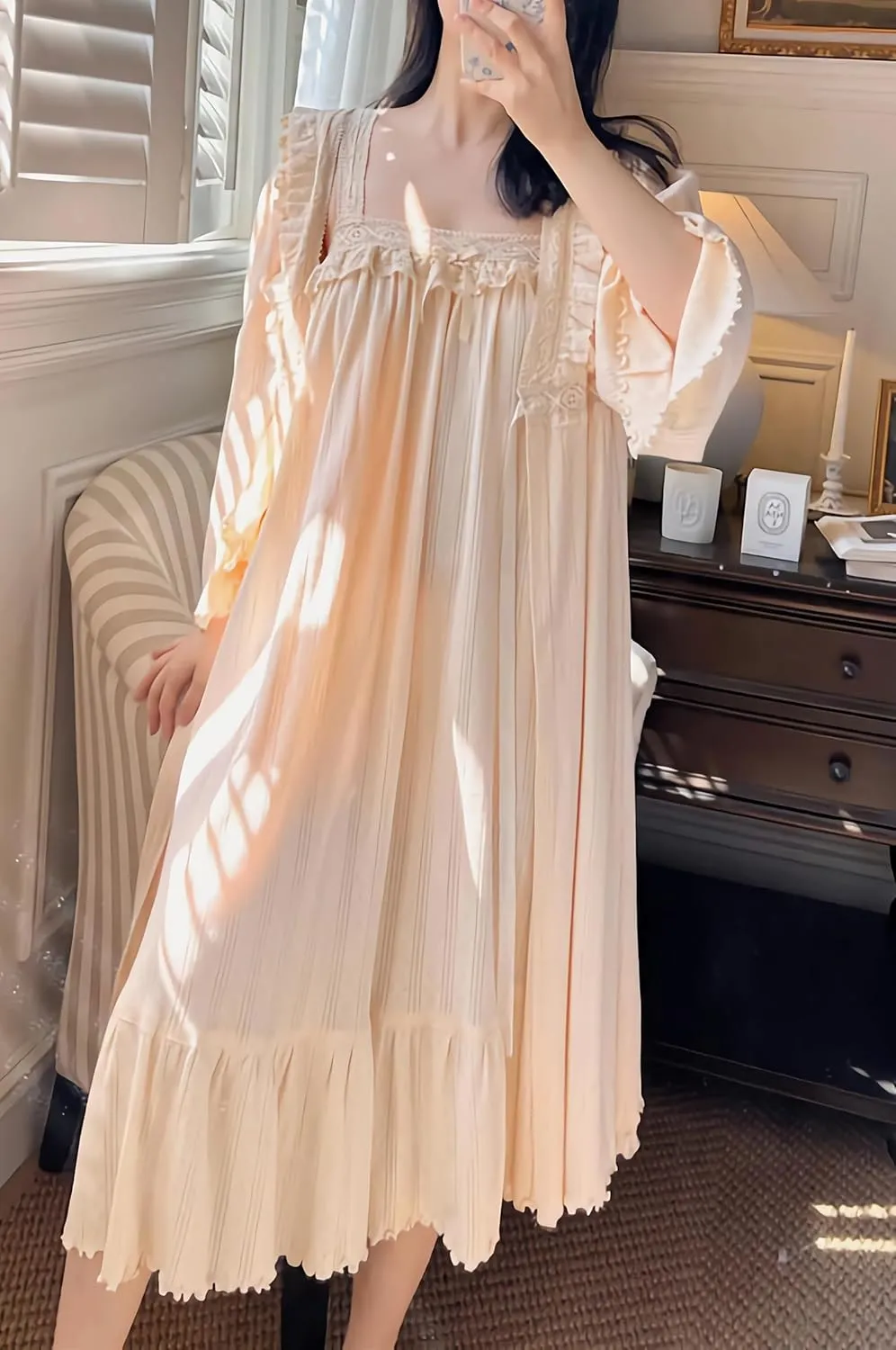 Women's Vintage Nightgown with Robe 2 Pcs Cotton Victorian Sleepwear Sexy Slip Dress Robe Set