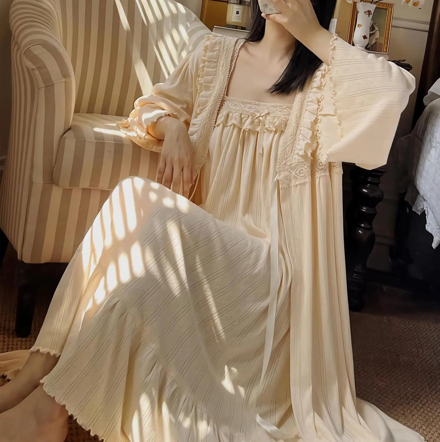 Women's Vintage Nightgown with Robe 2 Pcs Cotton Victorian Sleepwear Sexy Slip Dress Robe Set