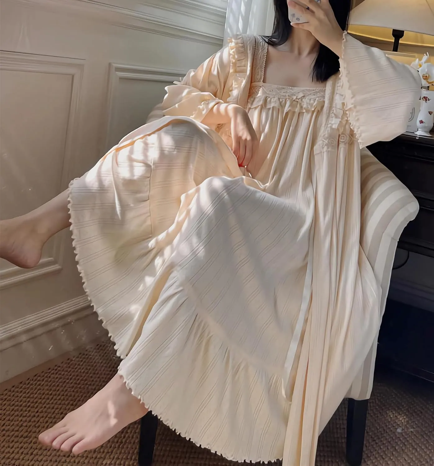 Women's Vintage Nightgown with Robe 2 Pcs Cotton Victorian Sleepwear Sexy Slip Dress Robe Set