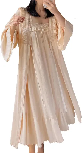 Women's Vintage Nightgown with Robe 2 Pcs Cotton Victorian Sleepwear Sexy Slip Dress Robe Set