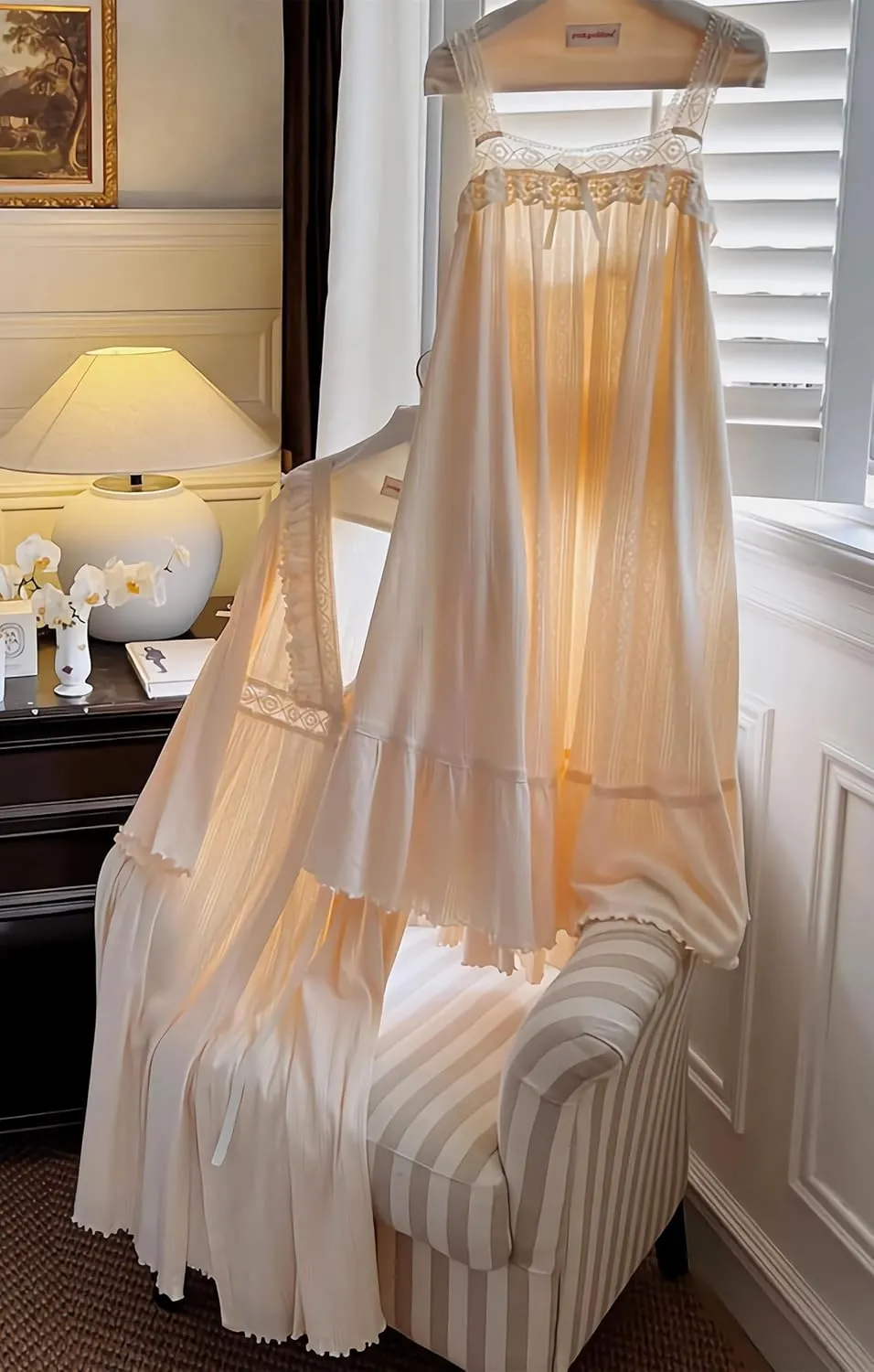 Women's Vintage Nightgown with Robe 2 Pcs Cotton Victorian Sleepwear Sexy Slip Dress Robe Set