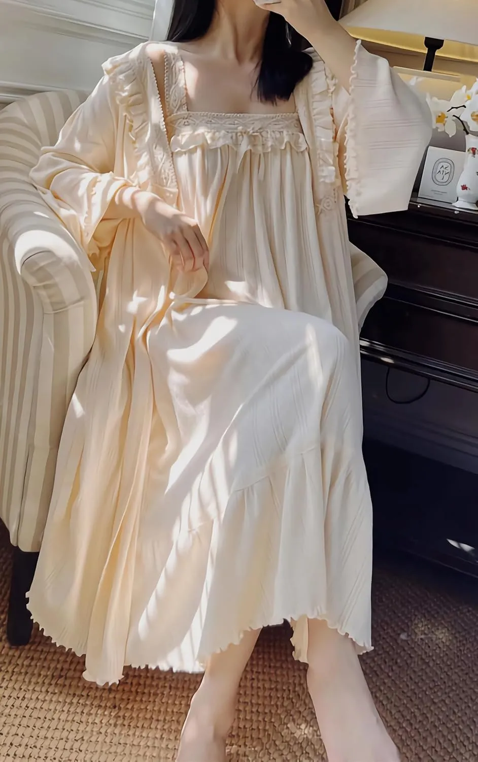 Women's Vintage Nightgown with Robe 2 Pcs Cotton Victorian Sleepwear Sexy Slip Dress Robe Set