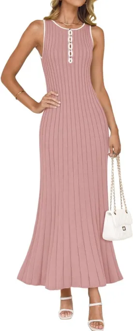 ZESICA Womens 2025 Summer Long Maxi Dress Sleeveless Crew Neck Hollow Out Pleated Ribbed Knit Swing Tank Dresses